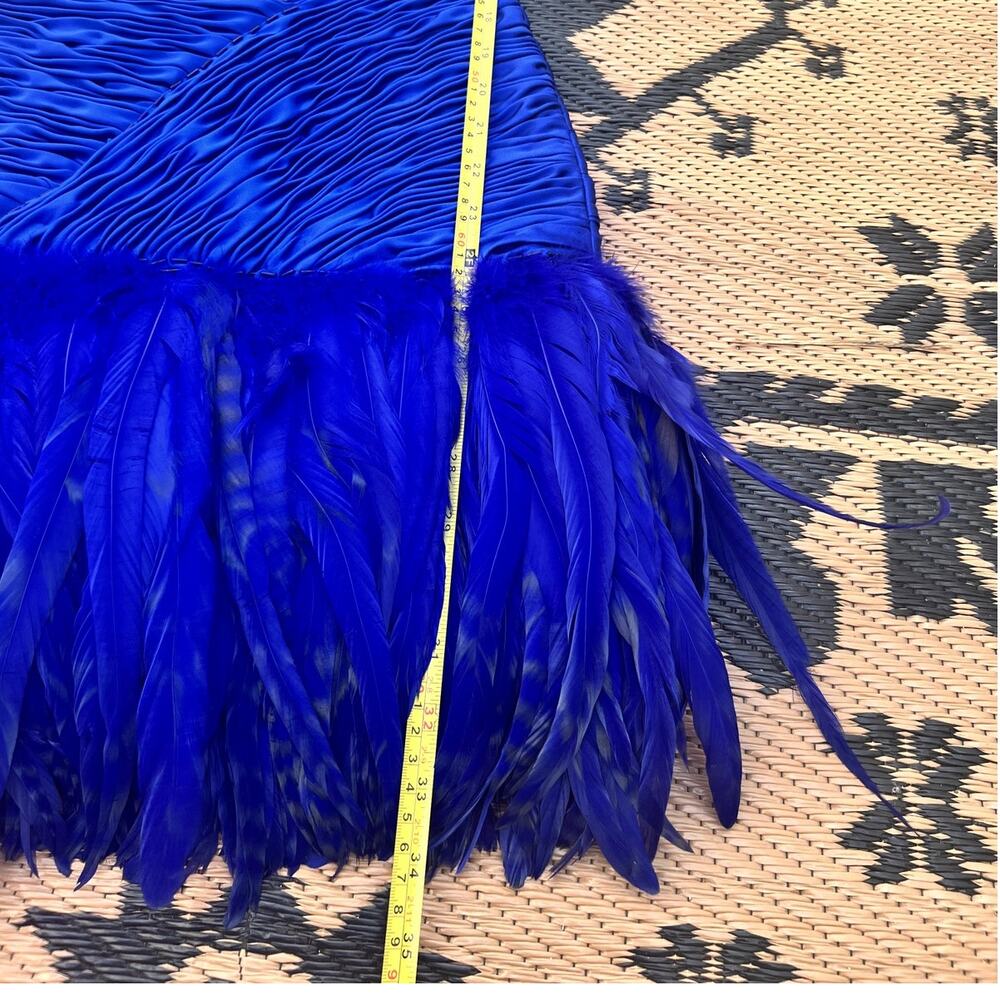 Vtg 80s Custom Made Cobalt Blue Feather Cocktail Dress Ruched Mini Showgirl S/M - Picture 10 of 10